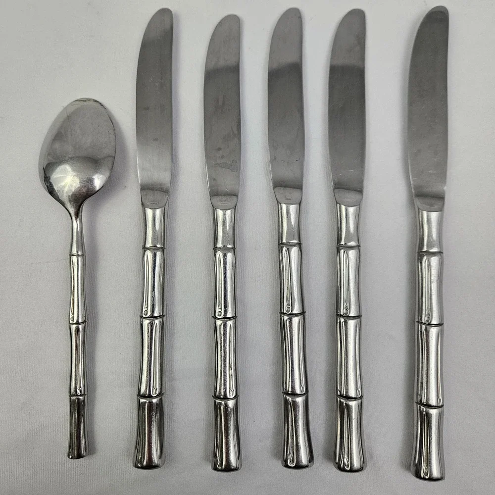 Bamboo Flatware 6 Piece KOREA Stainless Knives & Soup Spoon MCM Vintage